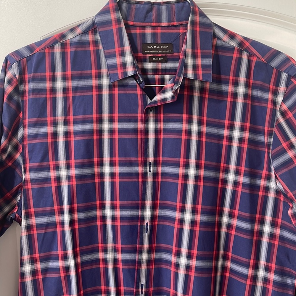 Zara Men's Blue and Red Plaid Dress Shirt